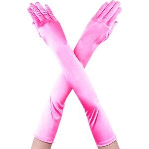 Women's Pink Full Finger Mittens Elbow Spandex Satin Long Sleek Evening Gloves